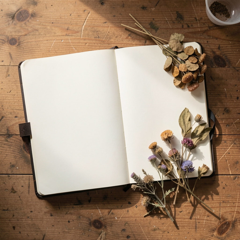 Overhead view of a sourcing journal laid open beside dried botanical samples on wooden work surface in natural light