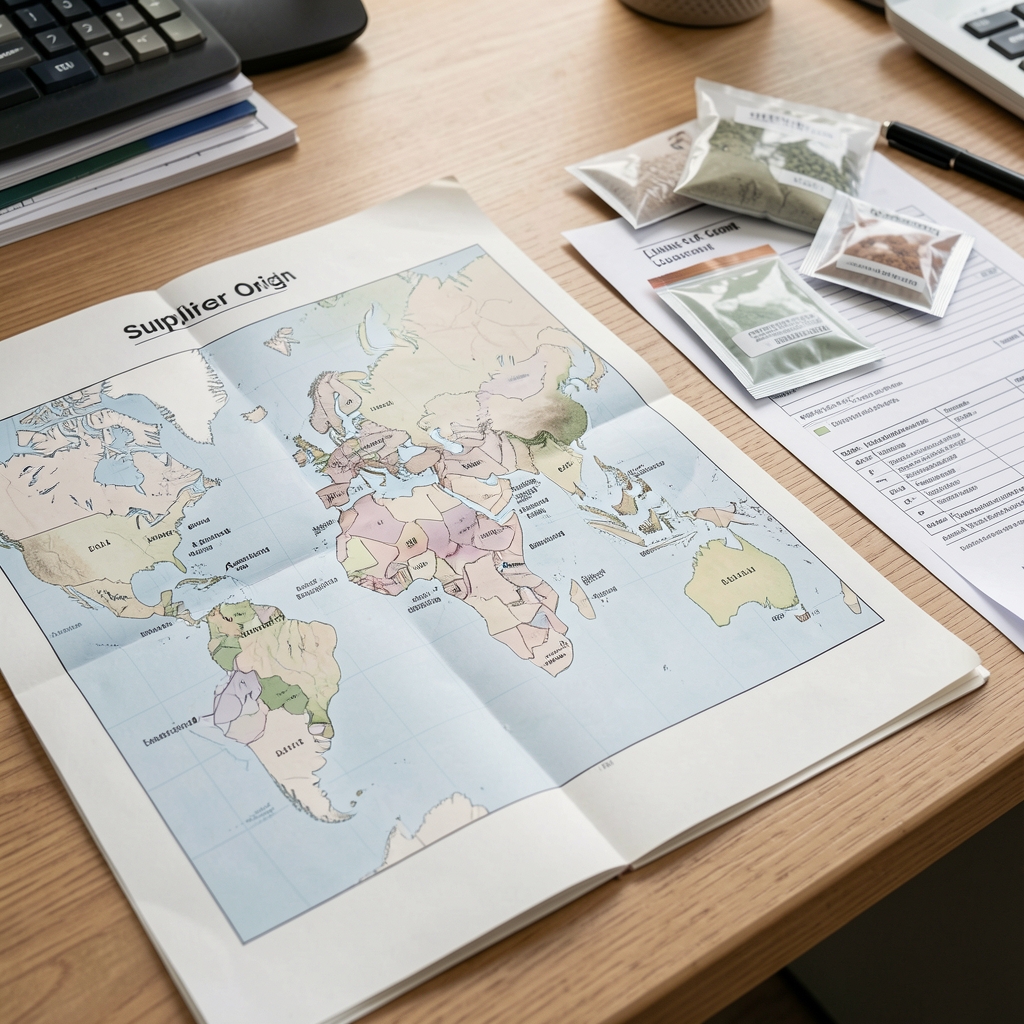 Supplier origin map document spread on a work surface with ingredient sample packets and chain-of-custody paperwork visible