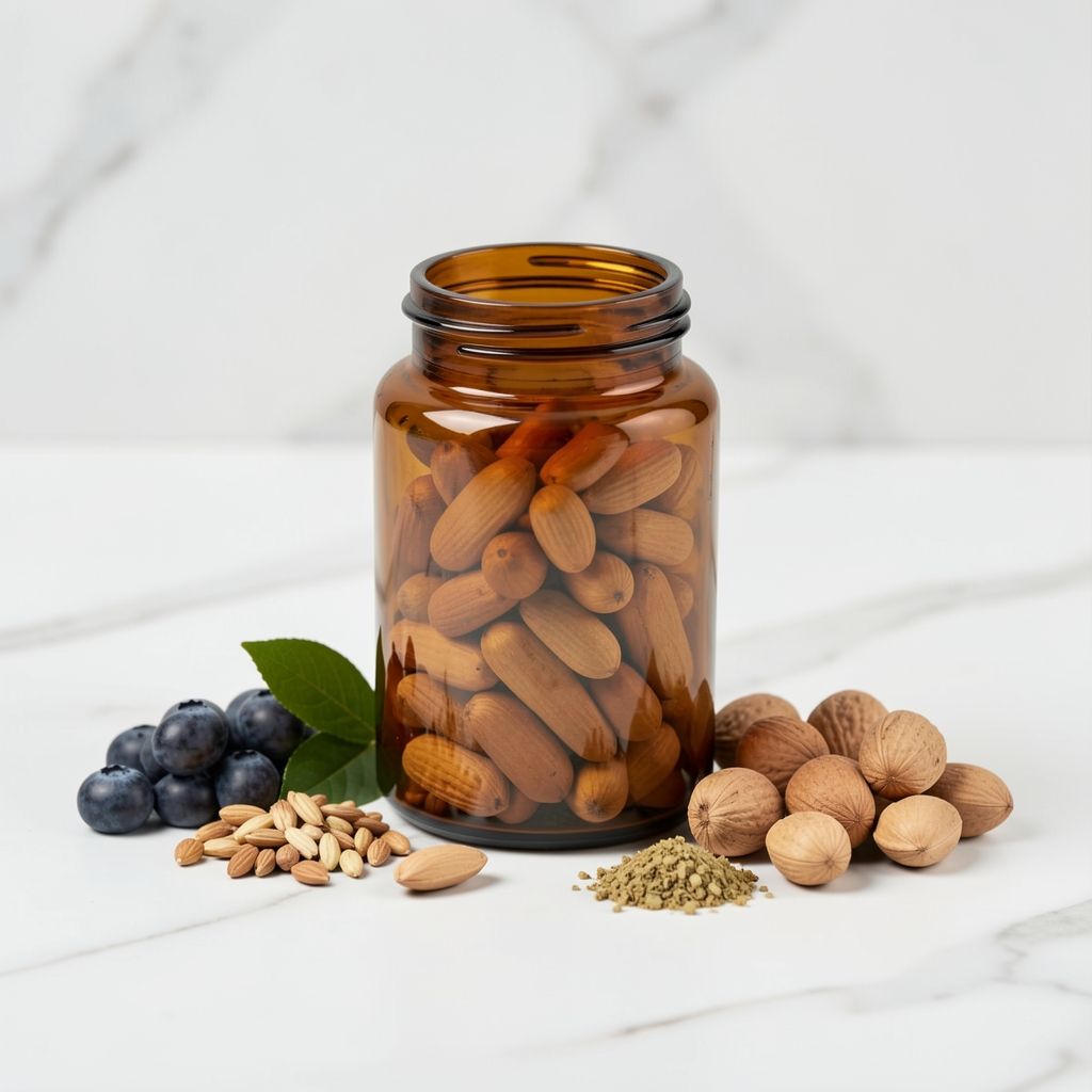 Amber glass supplement container with natural ingredients arranged on white marble surface under studio lighting