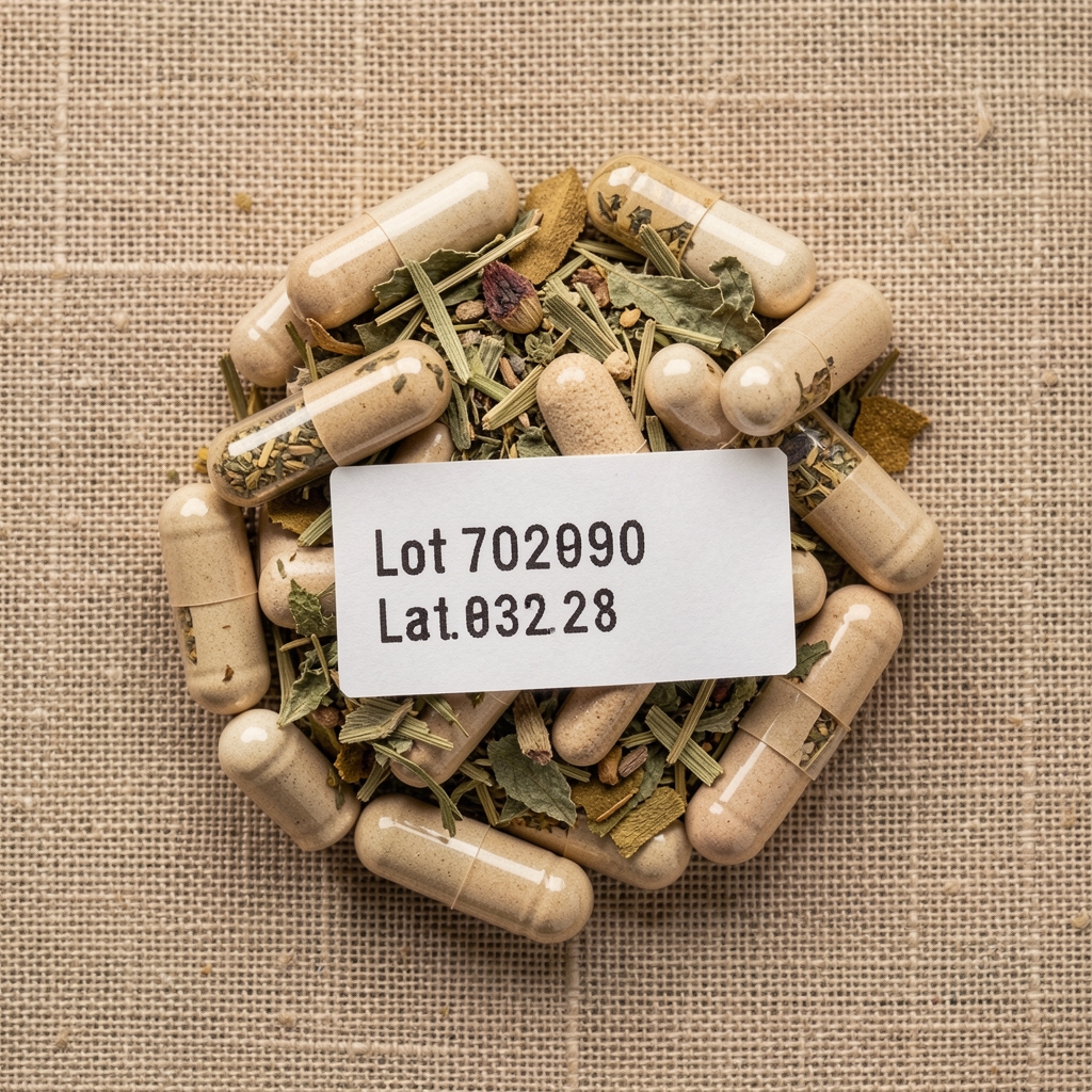 Close-up overhead of supplement capsules with plant material and a printed lot number label on natural linen background